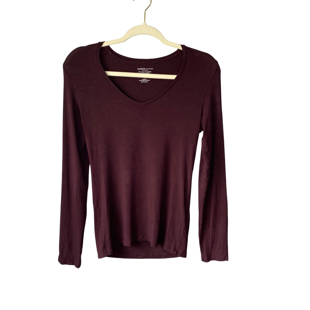 Majestic Filatures Paris Soft Touch V-Neck Long Sleeve Top Burgundy Size 3 (L)